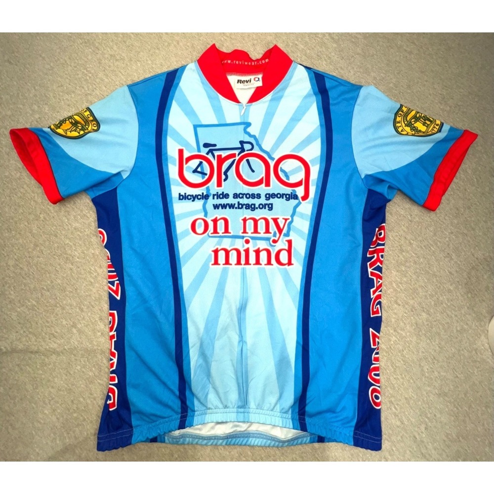 Revi Wear Cycling Jersey BRAG 2008 Blue Red Short Sleeve Size XL USA Made